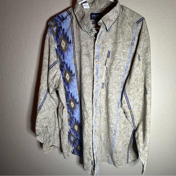 John Blair Other - John Blair Men's Casual Western Patterned Button-Down Shirt - Beige and Blue